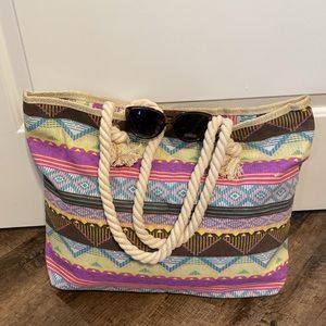 CODE LOVE Green Cruise Vacation Purple Neon Tribal Print Tote Bag NWT